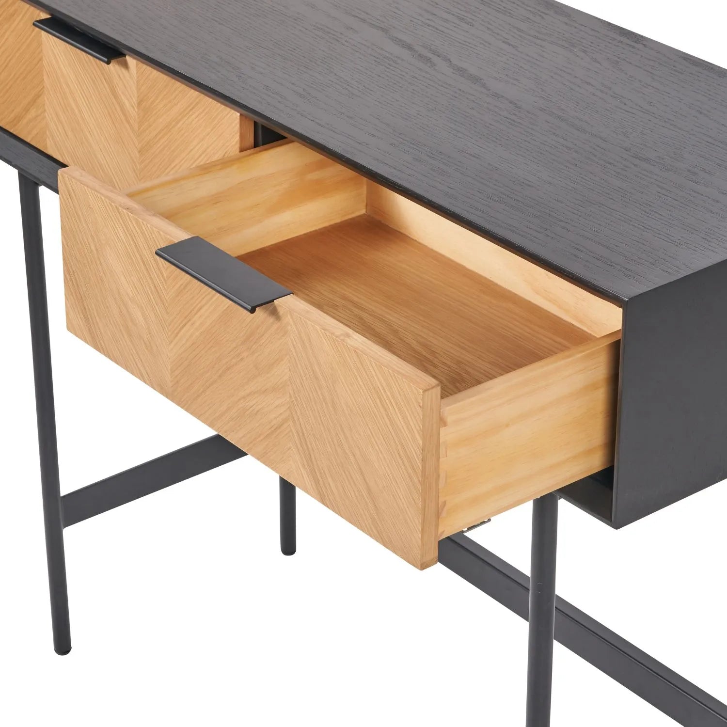 Scandinavian Two Tone Chevron Oak & Black 2 Drawer Console Table with Herringbone Veneer Front, Slim Black Metal Legs & Clean Rectangular Frame – Modern Wooden Hallway Console Table with Storage Drawers for Living Rooms & Hallways 80x100x38cm | Click Style