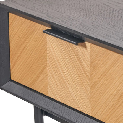 Scandinavian Two Tone Chevron Oak & Black 2 Drawer Console Table with Herringbone Veneer Front, Slim Black Metal Legs & Clean Rectangular Frame – Modern Wooden Hallway Console Table with Storage Drawers for Living Rooms & Hallways 80x100x38cm | Click Style