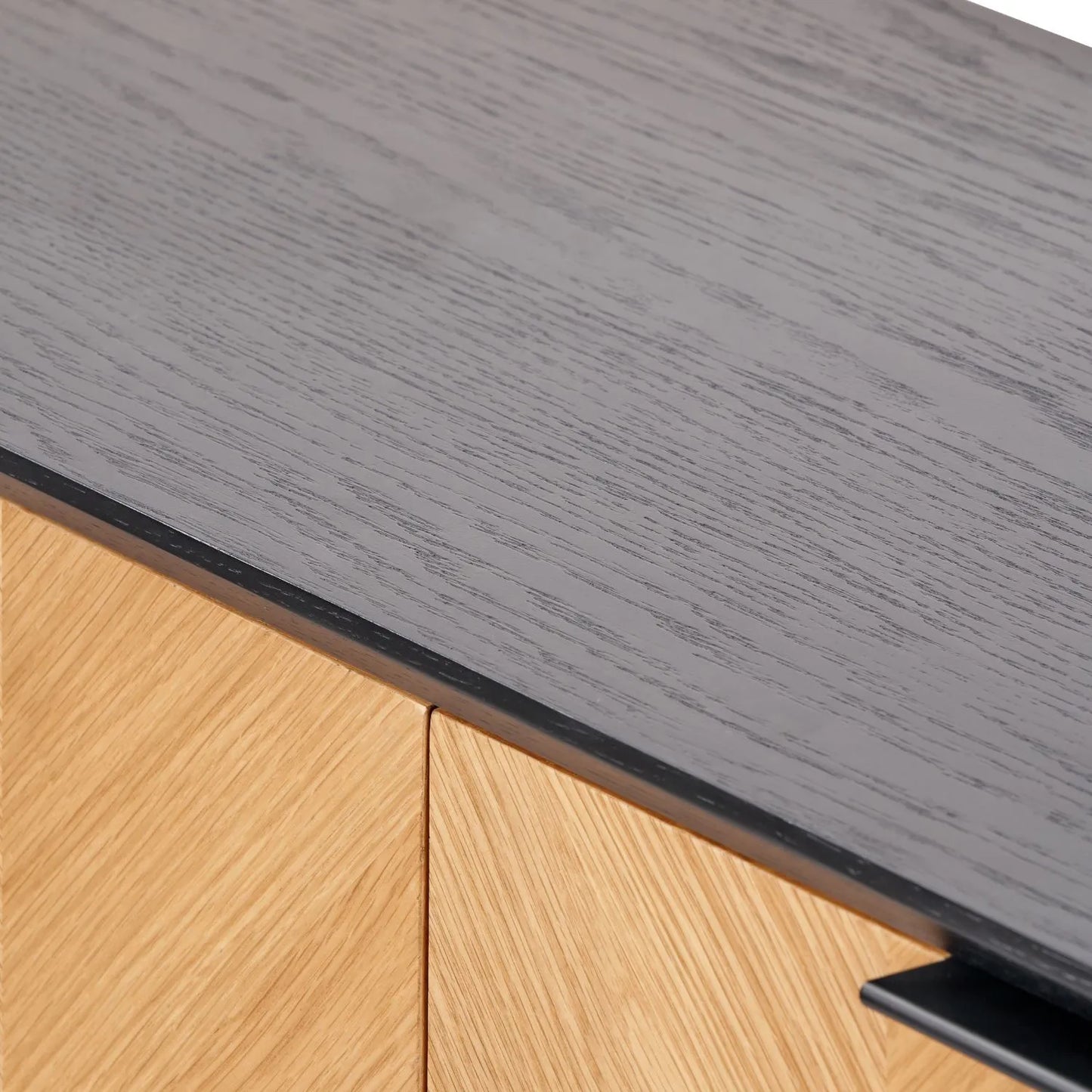 Scandinavian Two Tone Chevron Oak & Black 2 Drawer Console Table with Herringbone Veneer Front, Slim Black Metal Legs & Clean Rectangular Frame – Modern Wooden Hallway Console Table with Storage Drawers for Living Rooms & Hallways 80x100x38cm | Click Style