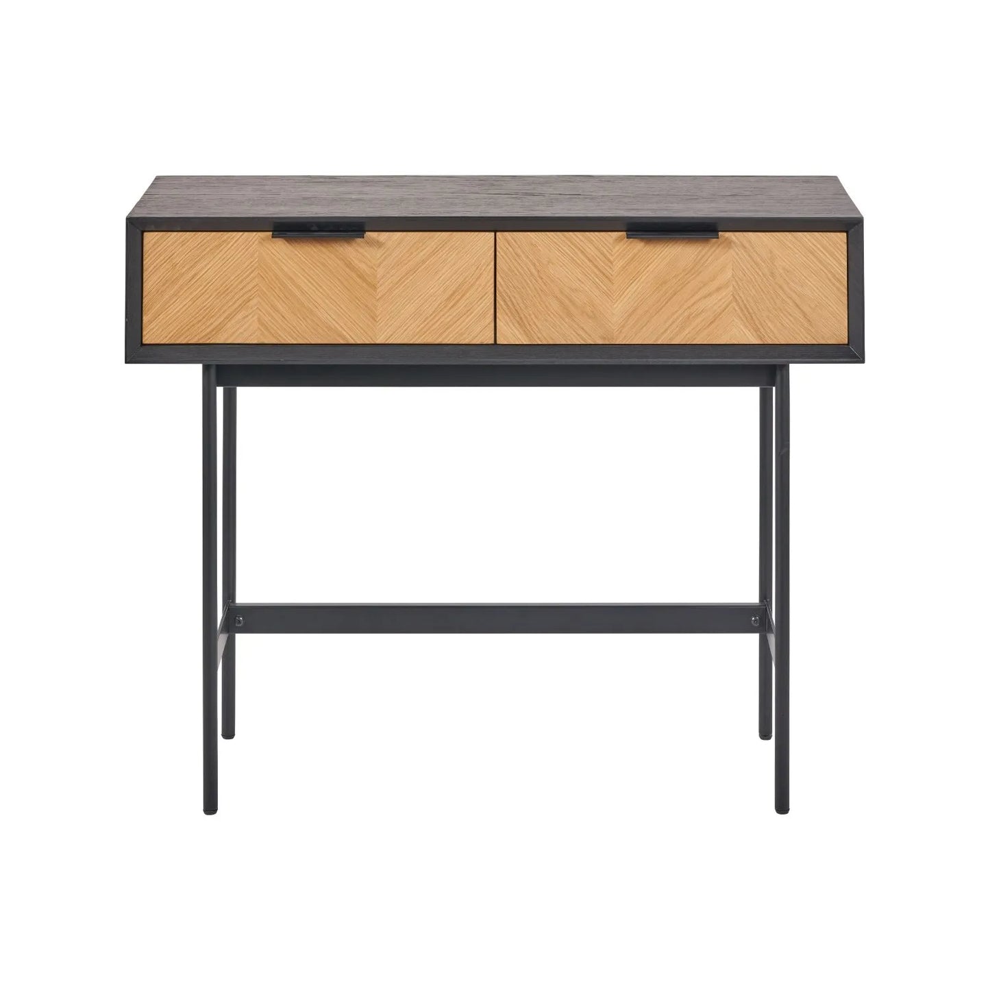 Scandinavian Two Tone Chevron Oak & Black 2 Drawer Console Table with Herringbone Veneer Front, Slim Black Metal Legs & Clean Rectangular Frame – Modern Wooden Hallway Console Table with Storage Drawers for Living Rooms & Hallways 80x100x38cm | Click Style