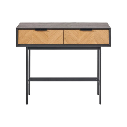 Scandinavian Two Tone Chevron Oak & Black 2 Drawer Console Table with Herringbone Veneer Front, Slim Black Metal Legs & Clean Rectangular Frame – Modern Wooden Hallway Console Table with Storage Drawers for Living Rooms & Hallways 80x100x38cm | Click Style