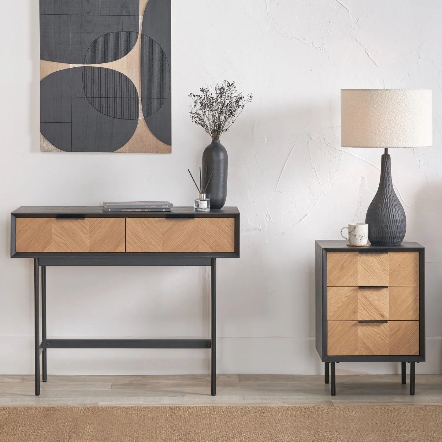 Scandinavian Two Tone Chevron Oak & Black 2 Drawer Console Table with Herringbone Veneer Front, Slim Black Metal Legs & Clean Rectangular Frame – Modern Wooden Hallway Console Table with Storage Drawers for Living Rooms & Hallways 80x100x38cm | Click Style