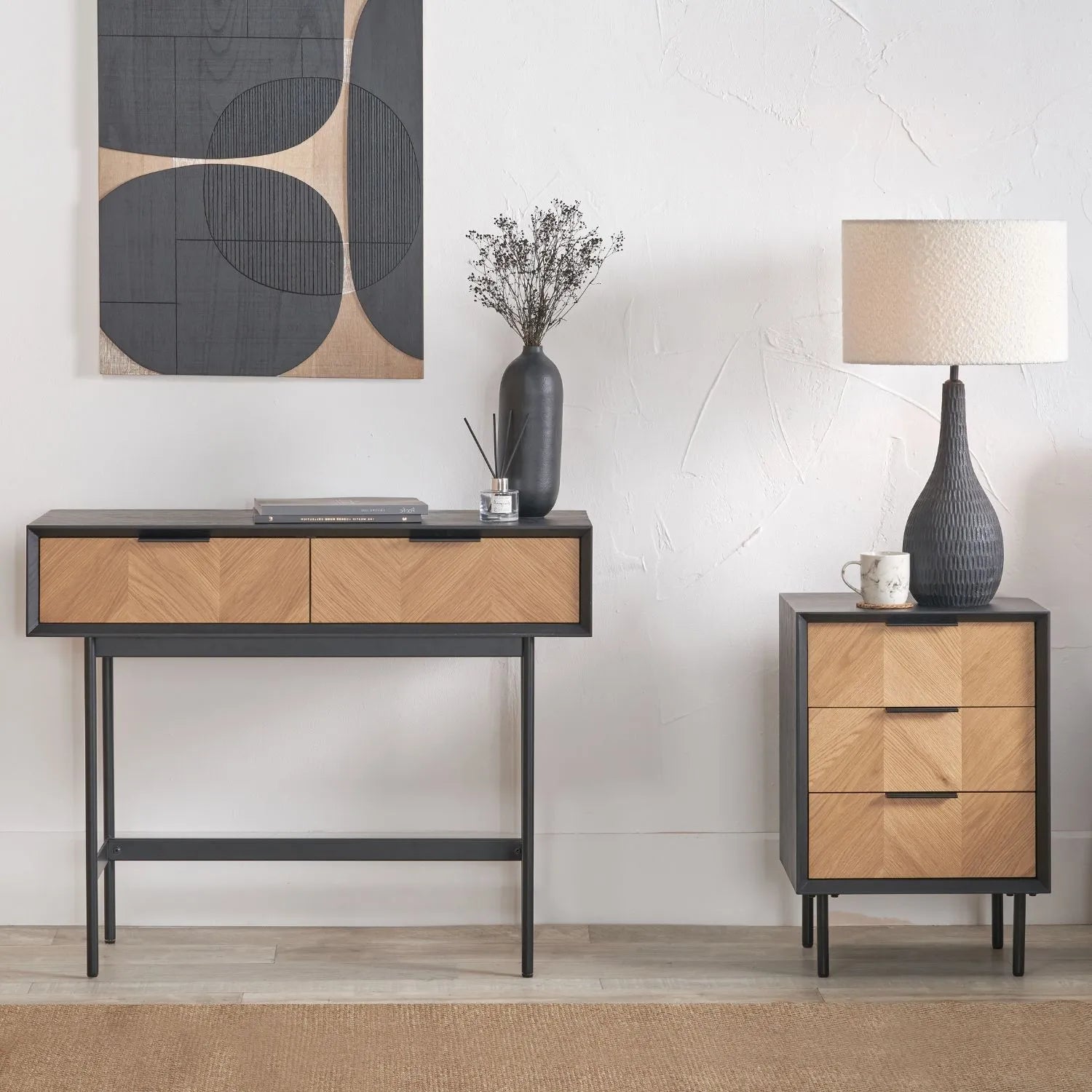 Scandinavian Two Tone Chevron Oak & Black 2 Drawer Console Table with Herringbone Veneer Front, Slim Black Metal Legs & Clean Rectangular Frame – Modern Wooden Hallway Console Table with Storage Drawers for Living Rooms & Hallways 80x100x38cm | Click Style