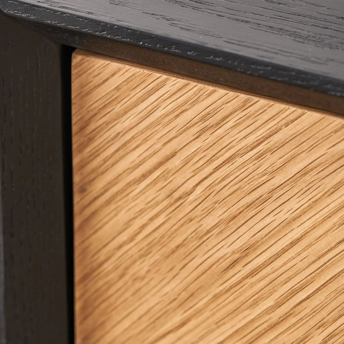 Scandinavian Two Tone Chevron Oak & Black 2 Drawer Console Table with Herringbone Veneer Front, Slim Black Metal Legs & Clean Rectangular Frame – Modern Wooden Hallway Console Table with Storage Drawers for Living Rooms & Hallways 80x100x38cm | Click Style