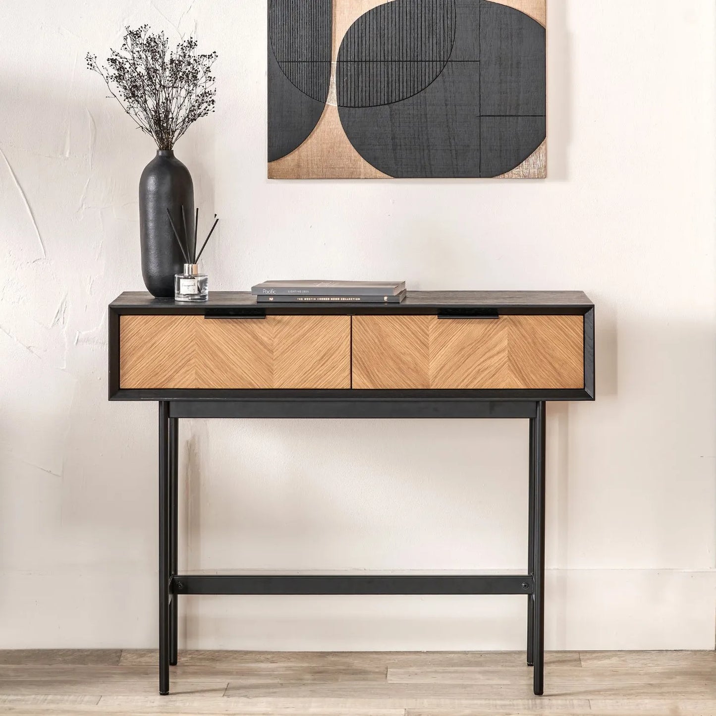 Scandinavian Two Tone Chevron Oak & Black 2 Drawer Console Table with Herringbone Veneer Front, Slim Black Metal Legs & Clean Rectangular Frame – Modern Wooden Hallway Console Table with Storage Drawers for Living Rooms & Hallways 80x100x38cm | Click Style