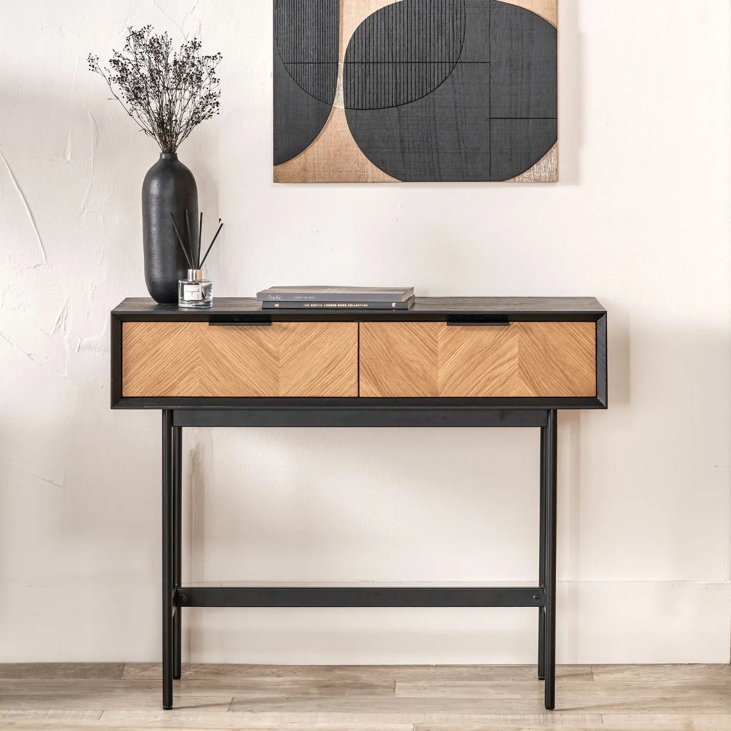 Scandinavian Two Tone Chevron Oak & Black 2 Drawer Console Table with Herringbone Veneer Front, Slim Black Metal Legs & Clean Rectangular Frame – Modern Wooden Hallway Console Table with Storage Drawers for Living Rooms & Hallways 80x100x38cm | Click Style
