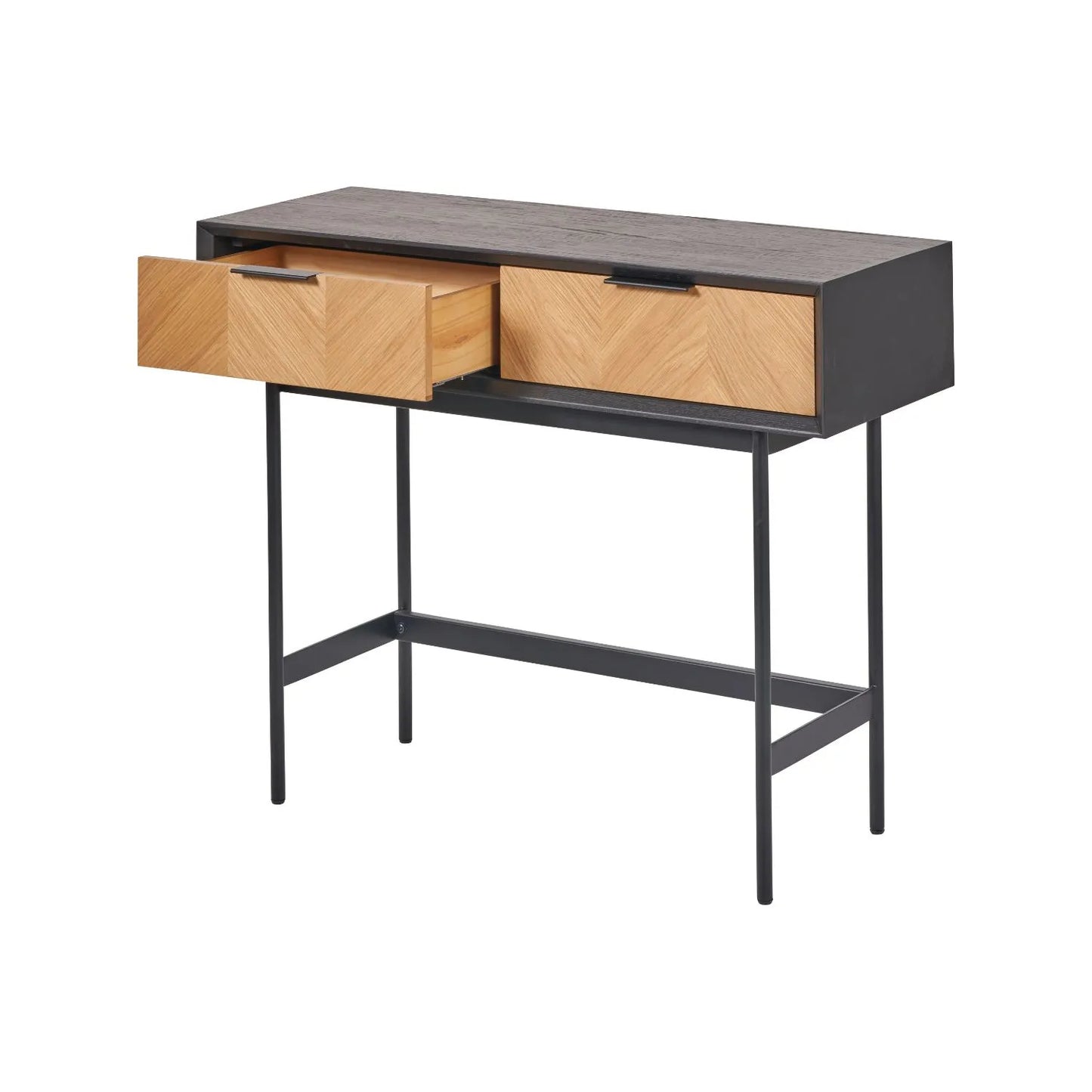 Scandinavian Two Tone Chevron Oak & Black 2 Drawer Console Table with Herringbone Veneer Front, Slim Black Metal Legs & Clean Rectangular Frame – Modern Wooden Hallway Console Table with Storage Drawers for Living Rooms & Hallways 80x100x38cm | Click Style