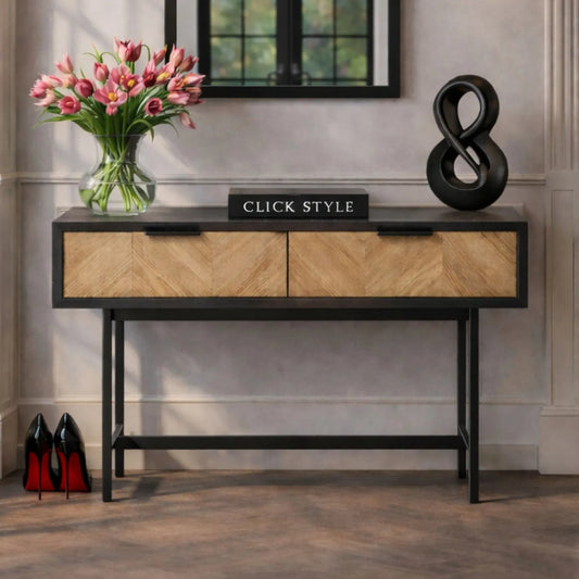 Scandinavian Two Tone Chevron Oak & Black 2 Drawer Console Table with Herringbone Veneer Front, Slim Black Metal Legs & Clean Rectangular Frame – Modern Wooden Hallway Console Table with Storage Drawers for Living Rooms & Hallways 80x100x38cm | Click Style