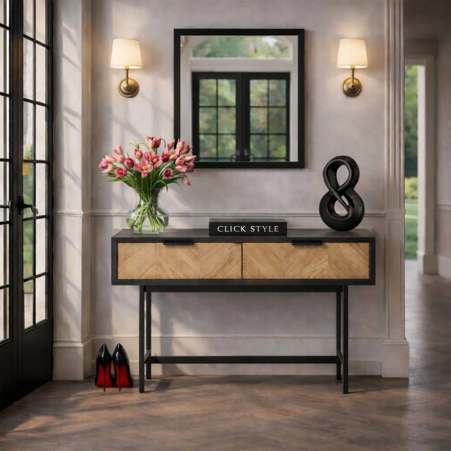 Scandinavian Two Tone Chevron Oak & Black 2 Drawer Console Table with Herringbone Veneer Front, Slim Black Metal Legs & Clean Rectangular Frame – Modern Wooden Hallway Console Table with Storage Drawers for Living Rooms & Hallways 80x100x38cm | Click Style