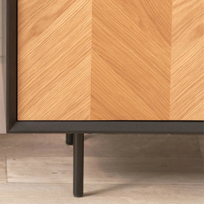 Scandinavian Two Tone Chevron Oak & Black Wood 2 Door 3 Drawer Sideboard with Herringbone Veneer Doors – Modern Scandi Storage Cabinet with Slim Black Metal Handles, Black Frame & Legs, Wooden Buffet Sideboard for Living Room, Dining Room & Hallway 80x140x43cm | Click Style