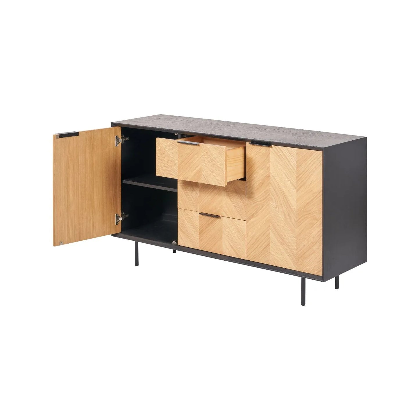 Scandinavian Two Tone Chevron Oak & Black Wood 2 Door 3 Drawer Sideboard with Herringbone Veneer Doors – Modern Scandi Storage Cabinet with Slim Black Metal Handles, Black Frame & Legs, Wooden Buffet Sideboard for Living Room, Dining Room & Hallway 80x140x43cm | Click Style