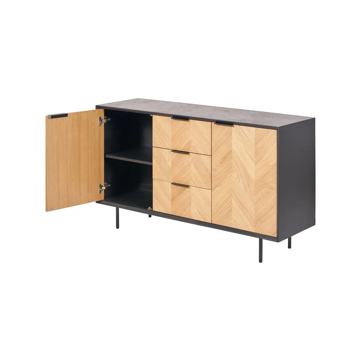 Scandinavian Two Tone Chevron Oak & Black Wood 2 Door 3 Drawer Sideboard with Herringbone Veneer Doors – Modern Scandi Storage Cabinet with Slim Black Metal Handles, Black Frame & Legs, Wooden Buffet Sideboard for Living Room, Dining Room & Hallway 80x140x43cm | Click Style