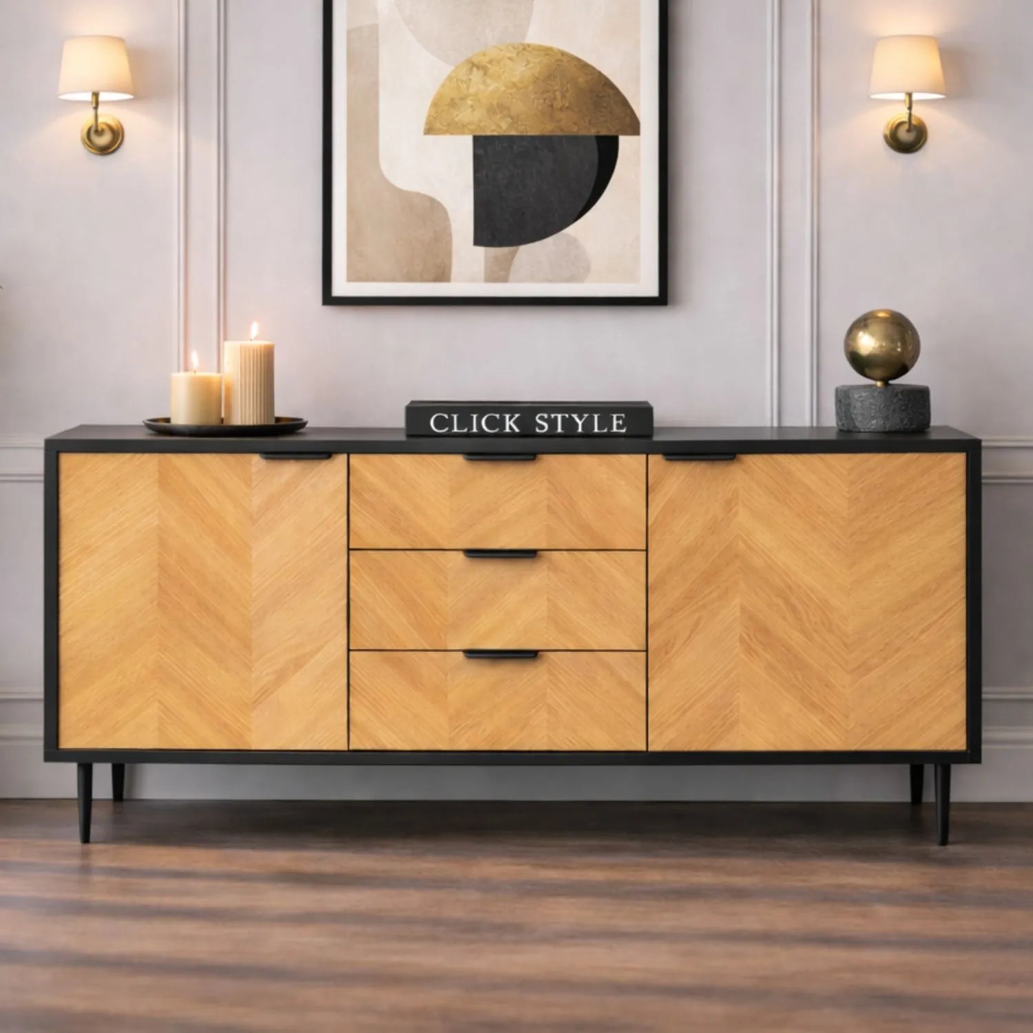 Scandinavian Two Tone Chevron Oak & Black Wood 2 Door 3 Drawer Sideboard with Herringbone Veneer Doors – Modern Scandi Storage Cabinet with Slim Black Metal Handles, Black Frame & Legs, Wooden Buffet Sideboard for Living Room, Dining Room & Hallway 80x140x43cm | Click Style