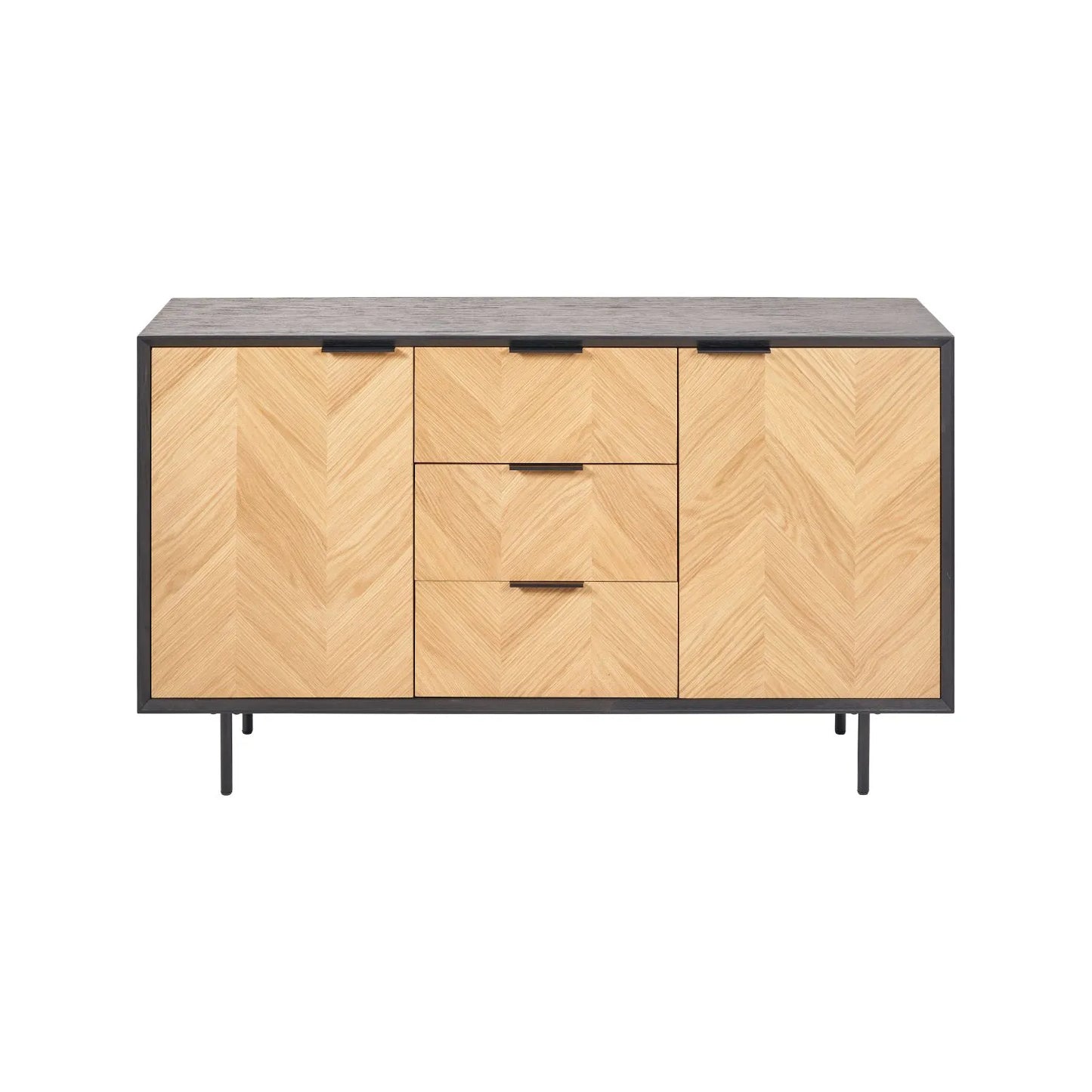 Scandinavian Two Tone Chevron Oak & Black Wood 2 Door 3 Drawer Sideboard with Herringbone Veneer Doors – Modern Scandi Storage Cabinet with Slim Black Metal Handles, Black Frame & Legs, Wooden Buffet Sideboard for Living Room, Dining Room & Hallway 80x140x43cm | Click Style