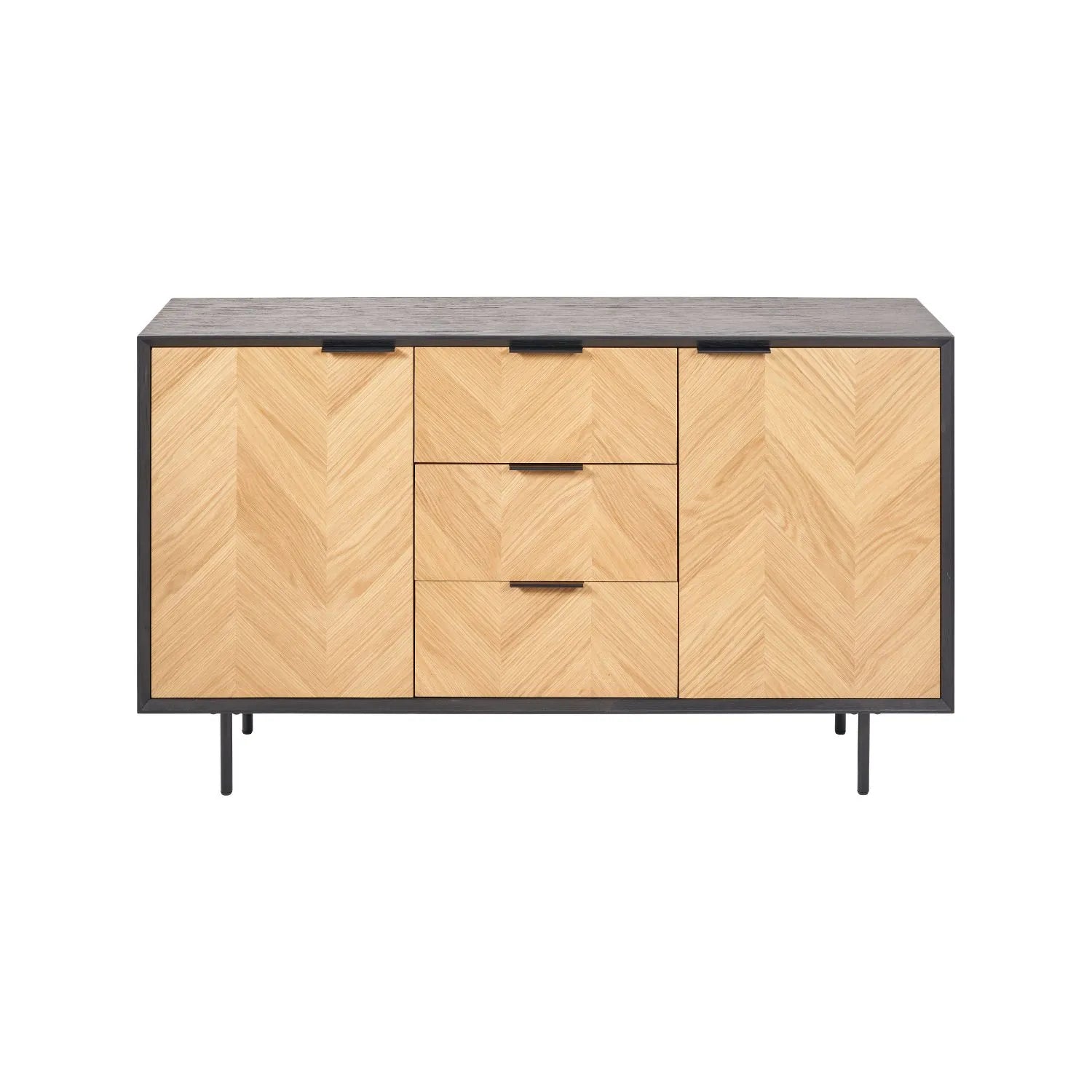Scandinavian Two Tone Chevron Oak & Black Wood 2 Door 3 Drawer Sideboard with Herringbone Veneer Doors – Modern Scandi Storage Cabinet with Slim Black Metal Handles, Black Frame & Legs, Wooden Buffet Sideboard for Living Room, Dining Room & Hallway 80x140x43cm | Click Style
