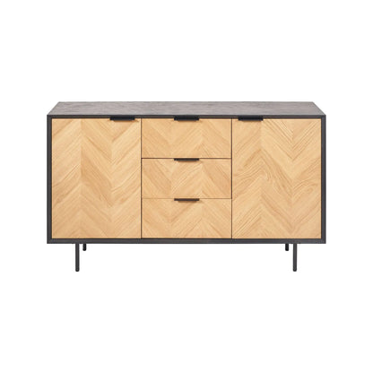 Scandinavian Two Tone Chevron Oak & Black Wood 2 Door 3 Drawer Sideboard with Herringbone Veneer Doors – Modern Scandi Storage Cabinet with Slim Black Metal Handles, Black Frame & Legs, Wooden Buffet Sideboard for Living Room, Dining Room & Hallway 80x140x43cm | Click Style
