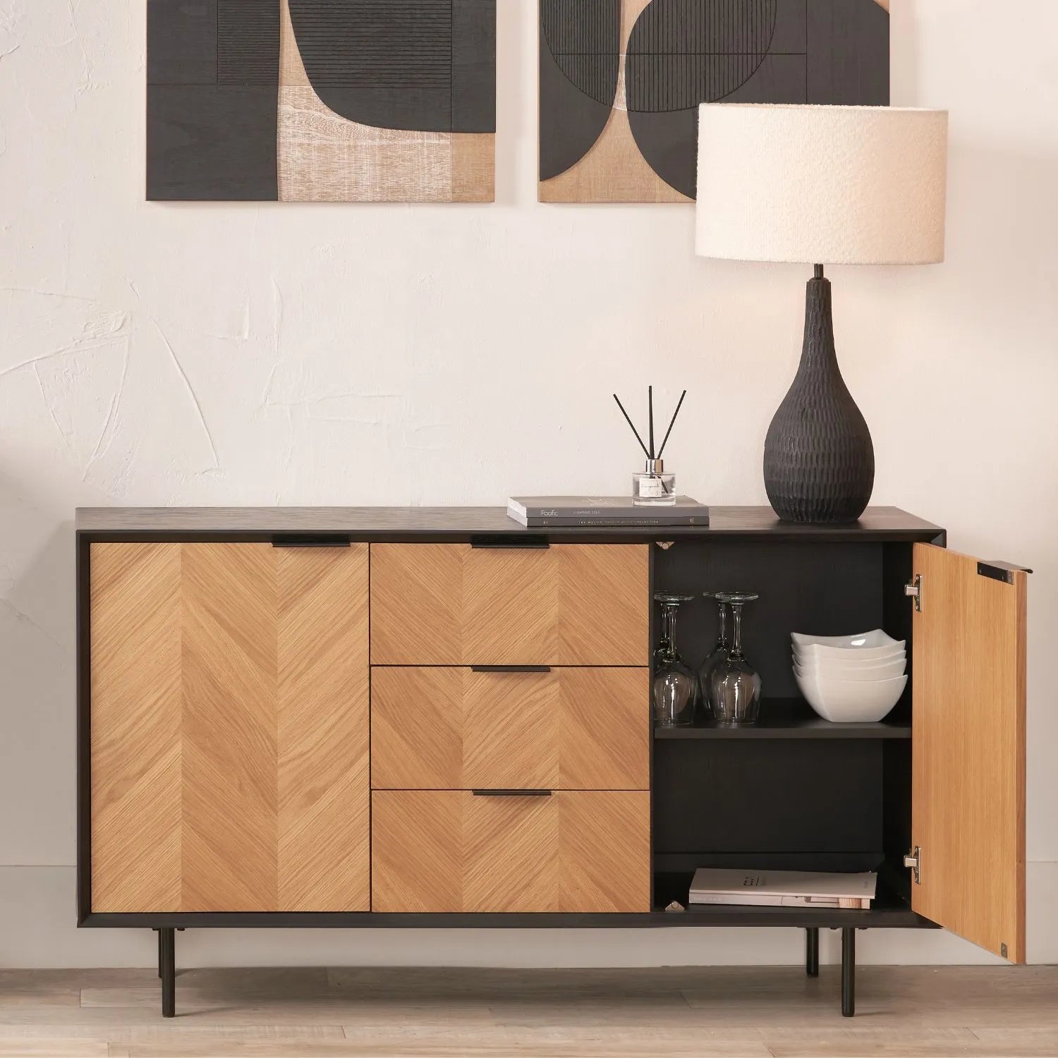 Scandinavian Two Tone Chevron Oak & Black Wood 2 Door 3 Drawer Sideboard with Herringbone Veneer Doors – Modern Scandi Storage Cabinet with Slim Black Metal Handles, Black Frame & Legs, Wooden Buffet Sideboard for Living Room, Dining Room & Hallway 80x140x43cm | Click Style