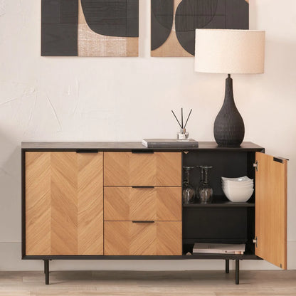 Scandinavian Two Tone Chevron Oak & Black Wood 2 Door 3 Drawer Sideboard with Herringbone Veneer Doors – Modern Scandi Storage Cabinet with Slim Black Metal Handles, Black Frame & Legs, Wooden Buffet Sideboard for Living Room, Dining Room & Hallway 80x140x43cm | Click Style