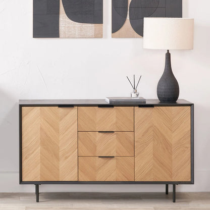 Scandinavian Two Tone Chevron Oak & Black Wood 2 Door 3 Drawer Sideboard with Herringbone Veneer Doors – Modern Scandi Storage Cabinet with Slim Black Metal Handles, Black Frame & Legs, Wooden Buffet Sideboard for Living Room, Dining Room & Hallway 80x140x43cm | Click Style