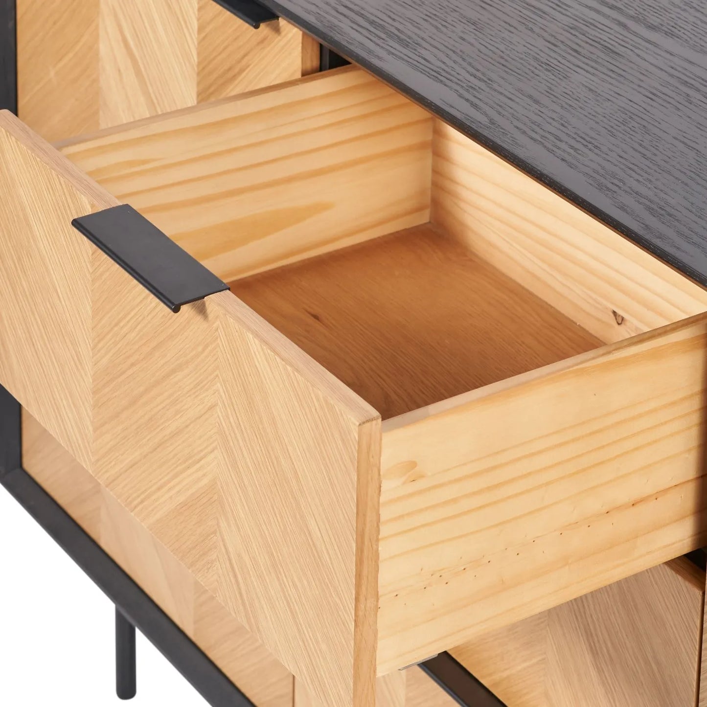 Scandinavian Two Tone Chevron Oak & Black Wood 2 Door 3 Drawer Sideboard with Herringbone Veneer Doors – Modern Scandi Storage Cabinet with Slim Black Metal Handles, Black Frame & Legs, Wooden Buffet Sideboard for Living Room, Dining Room & Hallway 80x140x43cm | Click Style