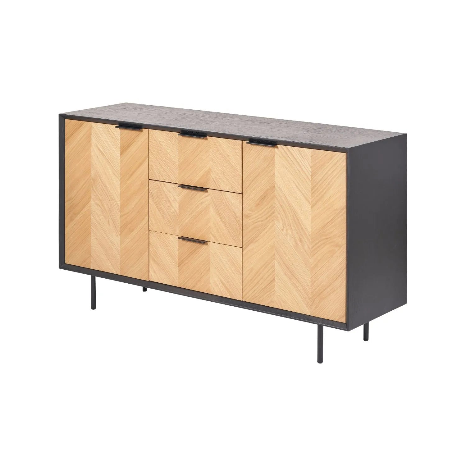 Scandinavian Two Tone Chevron Oak & Black Wood 2 Door 3 Drawer Sideboard with Herringbone Veneer Doors – Modern Scandi Storage Cabinet with Slim Black Metal Handles, Black Frame & Legs, Wooden Buffet Sideboard for Living Room, Dining Room & Hallway 80x140x43cm | Click Style