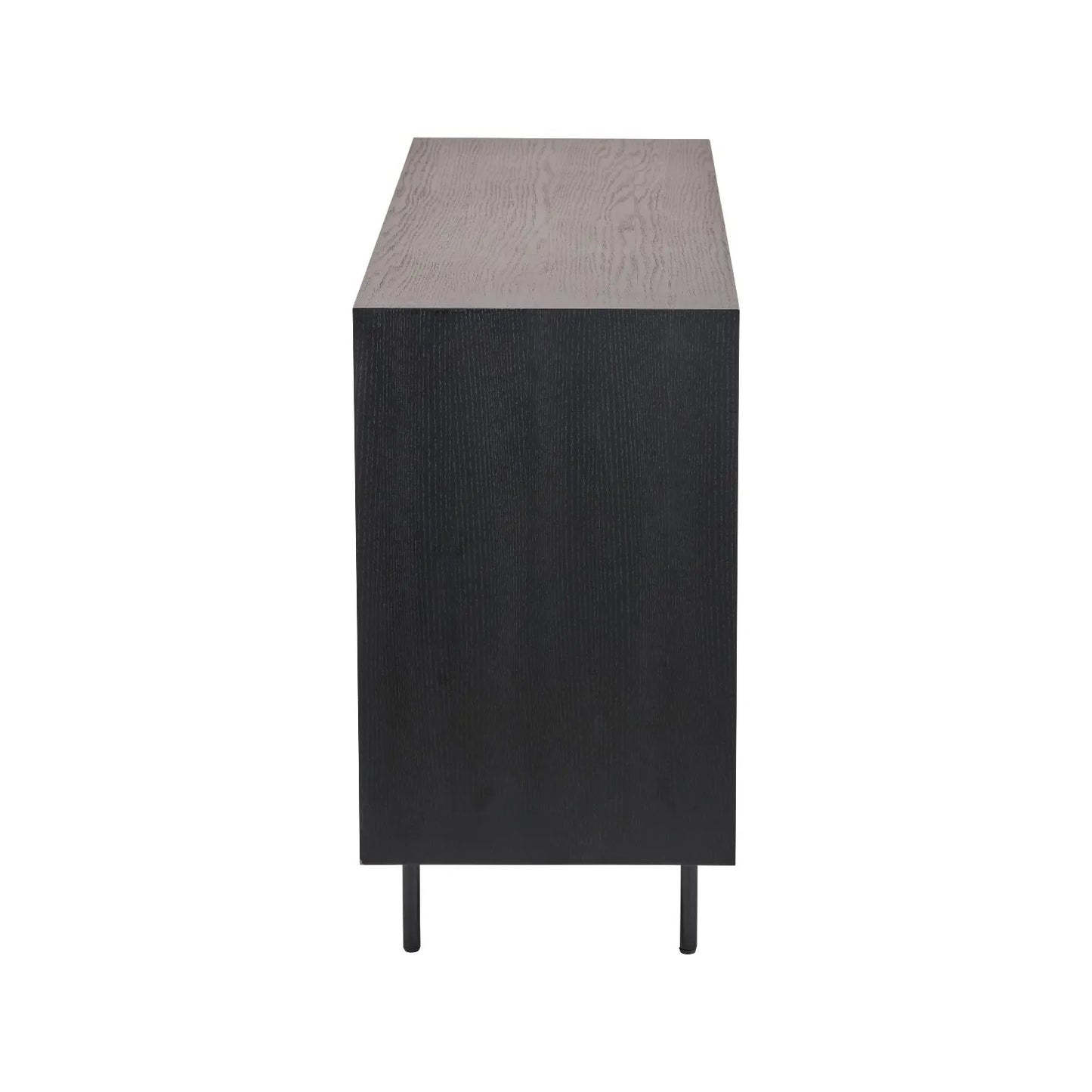 Scandinavian Two Tone Chevron Oak & Black Wood 2 Door 3 Drawer Sideboard with Herringbone Veneer Doors – Modern Scandi Storage Cabinet with Slim Black Metal Handles, Black Frame & Legs, Wooden Buffet Sideboard for Living Room, Dining Room & Hallway 80x140x43cm Side View | Click Style