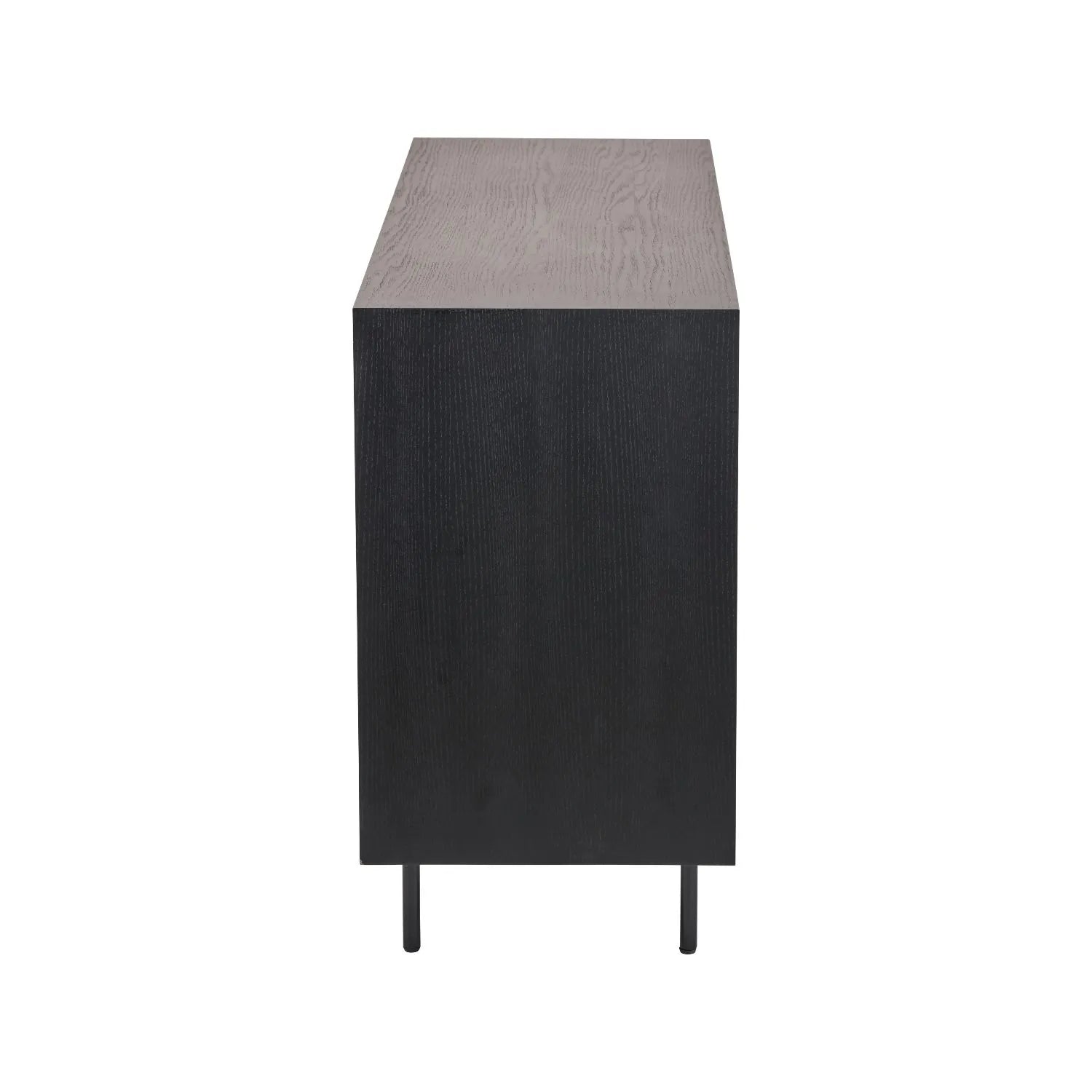 Scandinavian Two Tone Chevron Oak & Black Wood 2 Door 3 Drawer Sideboard with Herringbone Veneer Doors – Modern Scandi Storage Cabinet with Slim Black Metal Handles, Black Frame & Legs, Wooden Buffet Sideboard for Living Room, Dining Room & Hallway 80x140x43cm Side View | Click Style