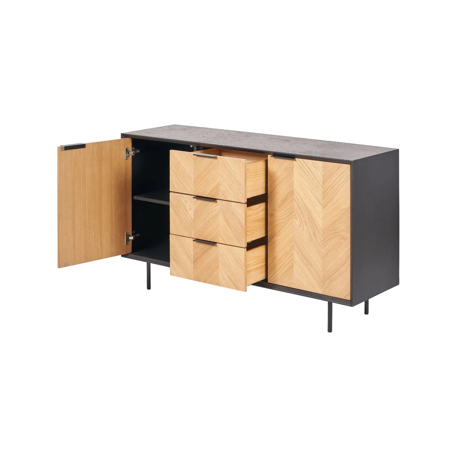 Scandinavian Two Tone Chevron Oak & Black Wood 2 Door 3 Drawer Sideboard with Herringbone Veneer Doors – Modern Scandi Storage Cabinet with Slim Black Metal Handles, Black Frame & Legs, Wooden Buffet Sideboard for Living Room, Dining Room & Hallway 80x140x43cm | Click Style