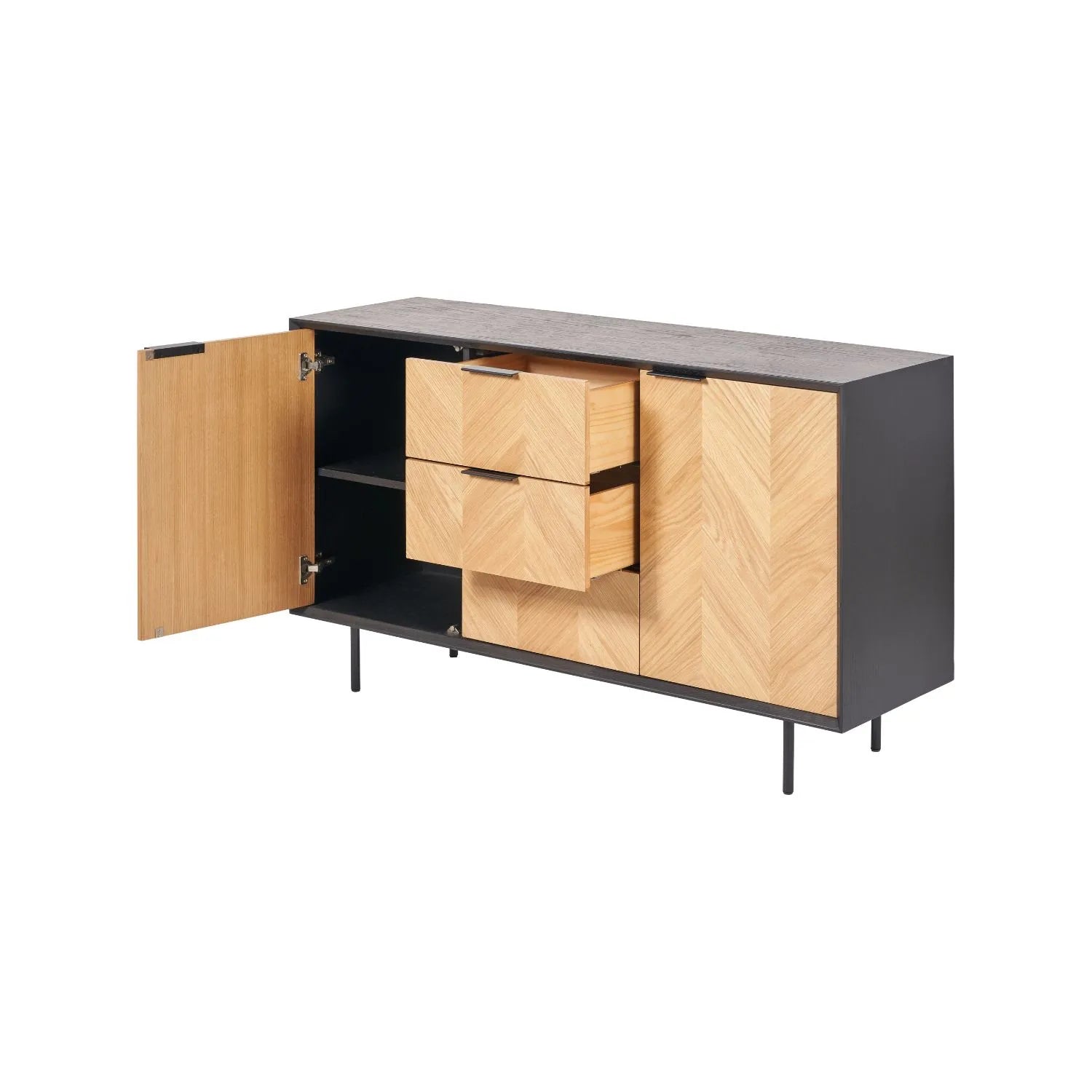 Scandinavian Two Tone Chevron Oak & Black Wood 2 Door 3 Drawer Sideboard with Herringbone Veneer Doors – Modern Scandi Storage Cabinet with Slim Black Metal Handles, Black Frame & Legs, Wooden Buffet Sideboard for Living Room, Dining Room & Hallway 80x140x43cm | Click Style