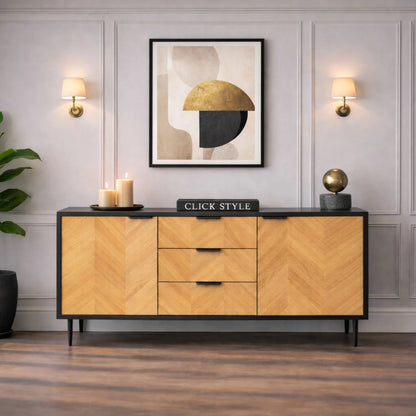 Scandinavian Two Tone Chevron Oak & Black Wood 2 Door 3 Drawer Sideboard with Herringbone Veneer Doors – Modern Scandi Storage Cabinet with Slim Black Metal Handles, Black Frame & Legs, Wooden Buffet Sideboard for Living Room, Dining Room & Hallway 80x140x43cm | Click Style