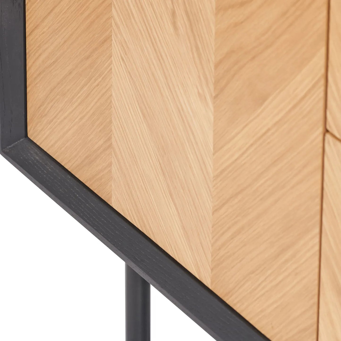Scandinavian Two Tone Chevron Oak & Black Wood 2 Door 3 Drawer Sideboard with Herringbone Veneer Doors – Modern Scandi Storage Cabinet with Slim Black Metal Handles, Black Frame & Legs, Wooden Buffet Sideboard for Living Room, Dining Room & Hallway 80x140x43cm | Click Style