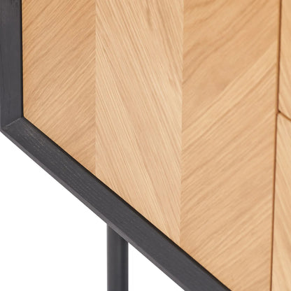 Scandinavian Two Tone Chevron Oak & Black Wood 2 Door 3 Drawer Sideboard with Herringbone Veneer Doors – Modern Scandi Storage Cabinet with Slim Black Metal Handles, Black Frame & Legs, Wooden Buffet Sideboard for Living Room, Dining Room & Hallway 80x140x43cm | Click Style