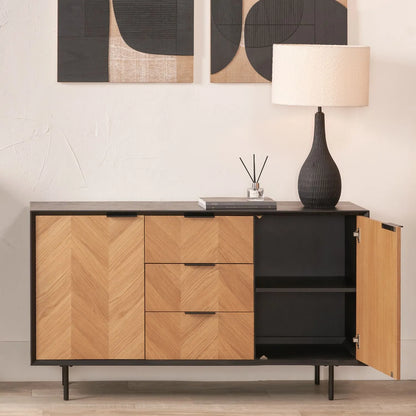 Scandinavian Two Tone Chevron Oak & Black Wood 2 Door 3 Drawer Sideboard with Herringbone Veneer Doors – Modern Scandi Storage Cabinet with Slim Black Metal Handles, Black Frame & Legs, Wooden Buffet Sideboard for Living Room, Dining Room & Hallway 80x140x43cm | Click Style