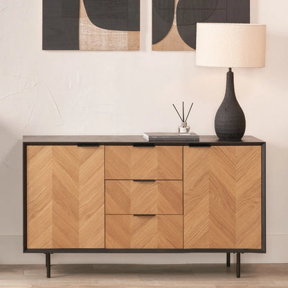 Scandinavian Two Tone Chevron Oak & Black Wood 2 Door 3 Drawer Sideboard with Herringbone Veneer Doors – Modern Scandi Storage Cabinet with Slim Black Metal Handles, Black Frame & Legs, Wooden Buffet Sideboard for Living Room, Dining Room & Hallway 80x140x43cm | Click Style