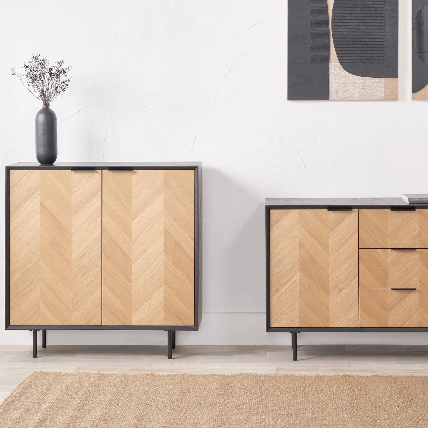 Scandinavian Two Tone Chevron Oak & Black Wood 2 Door 3 Drawer Sideboard with Herringbone Veneer Doors – Modern Scandi Storage Cabinet with Slim Black Metal Handles, Black Frame & Legs, Wooden Buffet Sideboard for Living Room, Dining Room & Hallway 80x140x43cm | Click Style