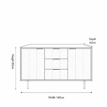 Scandinavian Two Tone Chevron Oak & Black Wood 2 Door 3 Drawer Sideboard with Herringbone Veneer Doors – Modern Scandi Storage Cabinet with Slim Black Metal Handles, Black Frame & Legs, Wooden Buffet Sideboard for Living Room, Dining Room & Hallway 80x140x43cm Dimensions | Click Style