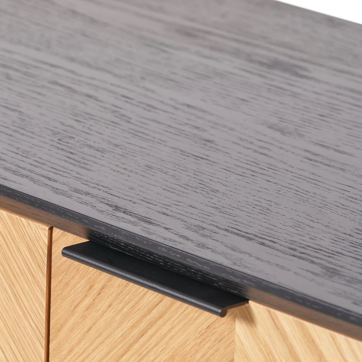 Scandinavian Two Tone Chevron Oak & Black Wood 2 Door 3 Drawer Sideboard with Herringbone Veneer Doors – Modern Scandi Storage Cabinet with Slim Black Metal Handles, Black Frame & Legs, Wooden Buffet Sideboard for Living Room, Dining Room & Hallway 80x140x43cm | Click Style