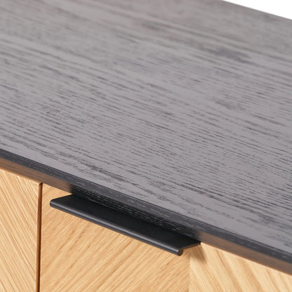 Scandinavian Two Tone Chevron Oak & Black Wood 2 Door 3 Drawer Sideboard with Herringbone Veneer Doors – Modern Scandi Storage Cabinet with Slim Black Metal Handles, Black Frame & Legs, Wooden Buffet Sideboard for Living Room, Dining Room & Hallway 80x140x43cm | Click Style