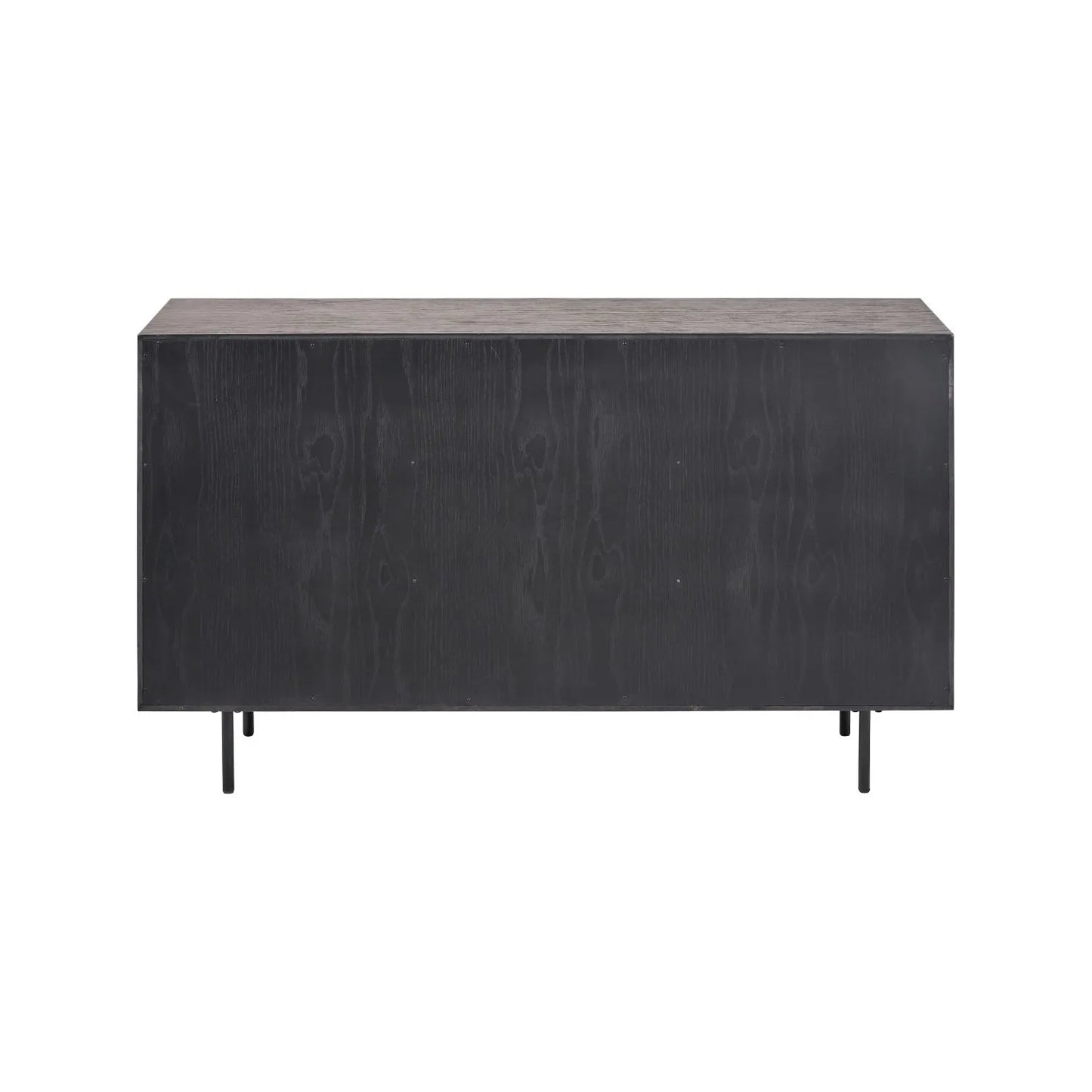 Scandinavian Two Tone Chevron Oak & Black Wood 2 Door 3 Drawer Sideboard with Herringbone Veneer Doors – Modern Scandi Storage Cabinet with Slim Black Metal Handles, Black Frame & Legs, Wooden Buffet Sideboard for Living Room, Dining Room & Hallway 80x140x43cm Back View | Click Style
