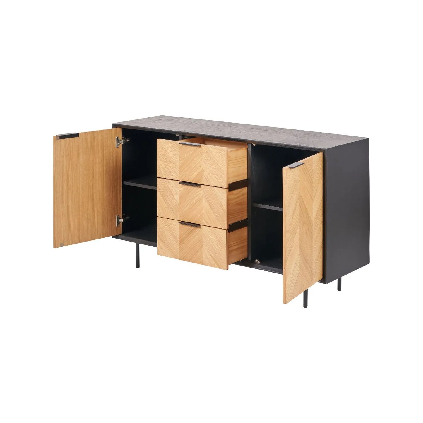 Scandinavian Two Tone Chevron Oak & Black Wood 2 Door 3 Drawer Sideboard with Herringbone Veneer Doors – Modern Scandi Storage Cabinet with Slim Black Metal Handles, Black Frame & Legs, Wooden Buffet Sideboard for Living Room, Dining Room & Hallway 80x140x43cm | Click Style