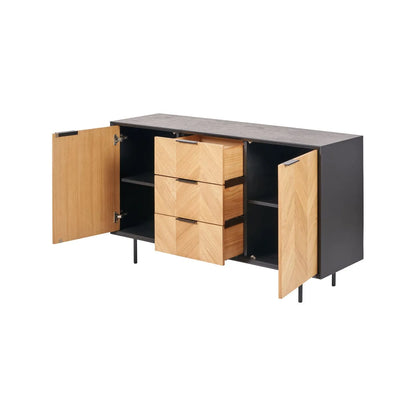 Scandinavian Two Tone Chevron Oak & Black Wood 2 Door 3 Drawer Sideboard with Herringbone Veneer Doors – Modern Scandi Storage Cabinet with Slim Black Metal Handles, Black Frame & Legs, Wooden Buffet Sideboard for Living Room, Dining Room & Hallway 80x140x43cm | Click Style