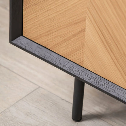 Scandinavian Two Tone Chevron Oak & Black Wood 2 Door Bar Cabinet with Herringbone Oak Veneer Doors & 3 Internal Shelves – Modern Wooden Drinks Storage Cabinet with Black Frame, Slim Metal Handles, Elevated Legs & Spacious Bottle and Glassware Storage for Living Rooms, Dining Rooms & Home Bars 100x100x38cm | Click Style