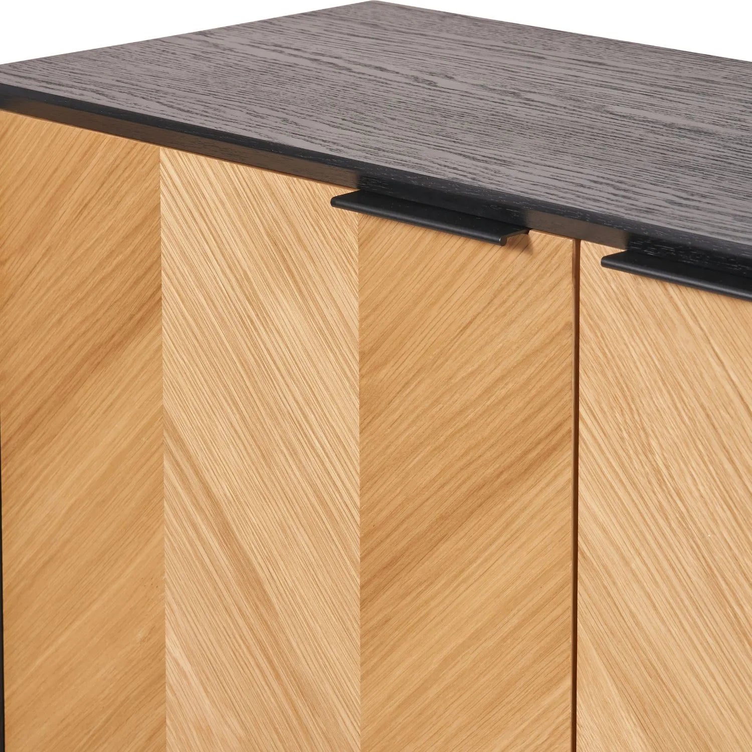 Scandinavian Two Tone Chevron Oak & Black Wood 2 Door Bar Cabinet with Herringbone Oak Veneer Doors & 3 Internal Shelves – Modern Wooden Drinks Storage Cabinet with Black Frame, Slim Metal Handles, Elevated Legs & Spacious Bottle and Glassware Storage for Living Rooms, Dining Rooms & Home Bars 100x100x38cm | Click Style