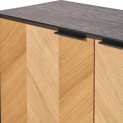 Scandinavian Two Tone Chevron Oak & Black Wood 2 Door Bar Cabinet with Herringbone Oak Veneer Doors & 3 Internal Shelves – Modern Wooden Drinks Storage Cabinet with Black Frame, Slim Metal Handles, Elevated Legs & Spacious Bottle and Glassware Storage for Living Rooms, Dining Rooms & Home Bars 100x100x38cm | Click Style
