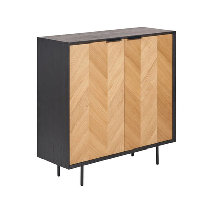Scandinavian Two Tone Chevron Oak & Black Wood 2 Door Bar Cabinet with Herringbone Oak Veneer Doors & 3 Internal Shelves – Modern Wooden Drinks Storage Cabinet with Black Frame, Slim Metal Handles, Elevated Legs & Spacious Bottle and Glassware Storage for Living Rooms, Dining Rooms & Home Bars 100x100x38cm | Click Style
