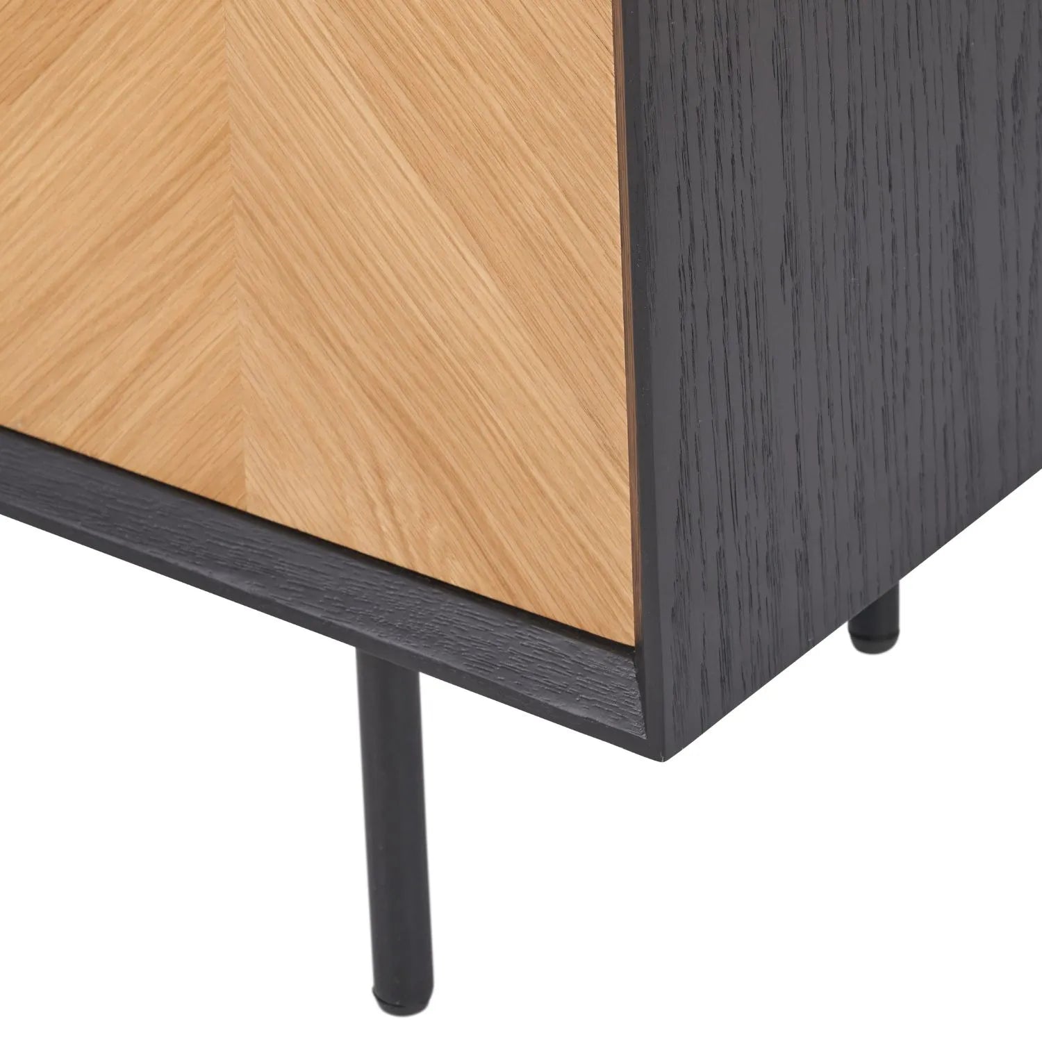 Scandinavian Two Tone Chevron Oak & Black Wood 2 Door Bar Cabinet with Herringbone Oak Veneer Doors & 3 Internal Shelves – Modern Wooden Drinks Storage Cabinet with Black Frame, Slim Metal Handles, Elevated Legs & Spacious Bottle and Glassware Storage for Living Rooms, Dining Rooms & Home Bars 100x100x38cm | Click Style