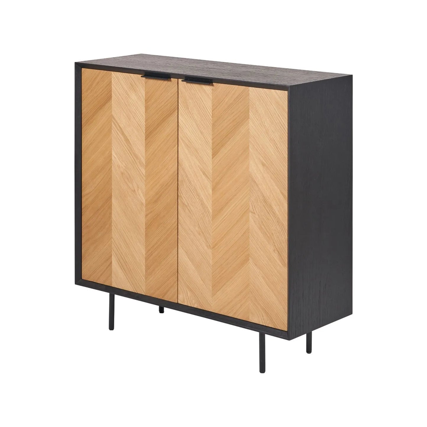 Scandinavian Two Tone Chevron Oak & Black Wood 2 Door Bar Cabinet with Herringbone Oak Veneer Doors & 3 Internal Shelves – Modern Wooden Drinks Storage Cabinet with Black Frame, Slim Metal Handles, Elevated Legs & Spacious Bottle and Glassware Storage for Living Rooms, Dining Rooms & Home Bars 100x100x38cm | Click Style