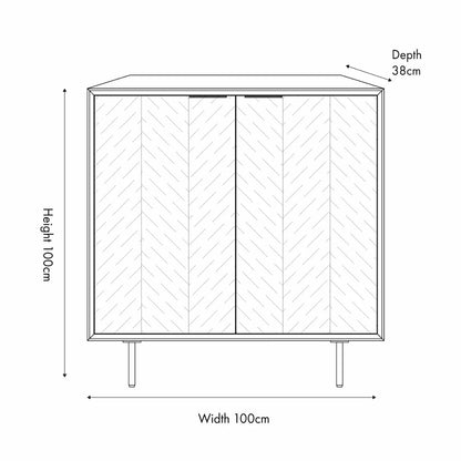 Scandinavian Two Tone Chevron Oak & Black Wood 2 Door Bar Cabinet with Herringbone Oak Veneer Doors & 3 Internal Shelves – Modern Wooden Drinks Storage Cabinet with Black Frame, Slim Metal Handles, Elevated Legs & Spacious Bottle and Glassware Storage for Living Rooms, Dining Rooms & Home Bars Dimensions 100x100x38cm | Click Style