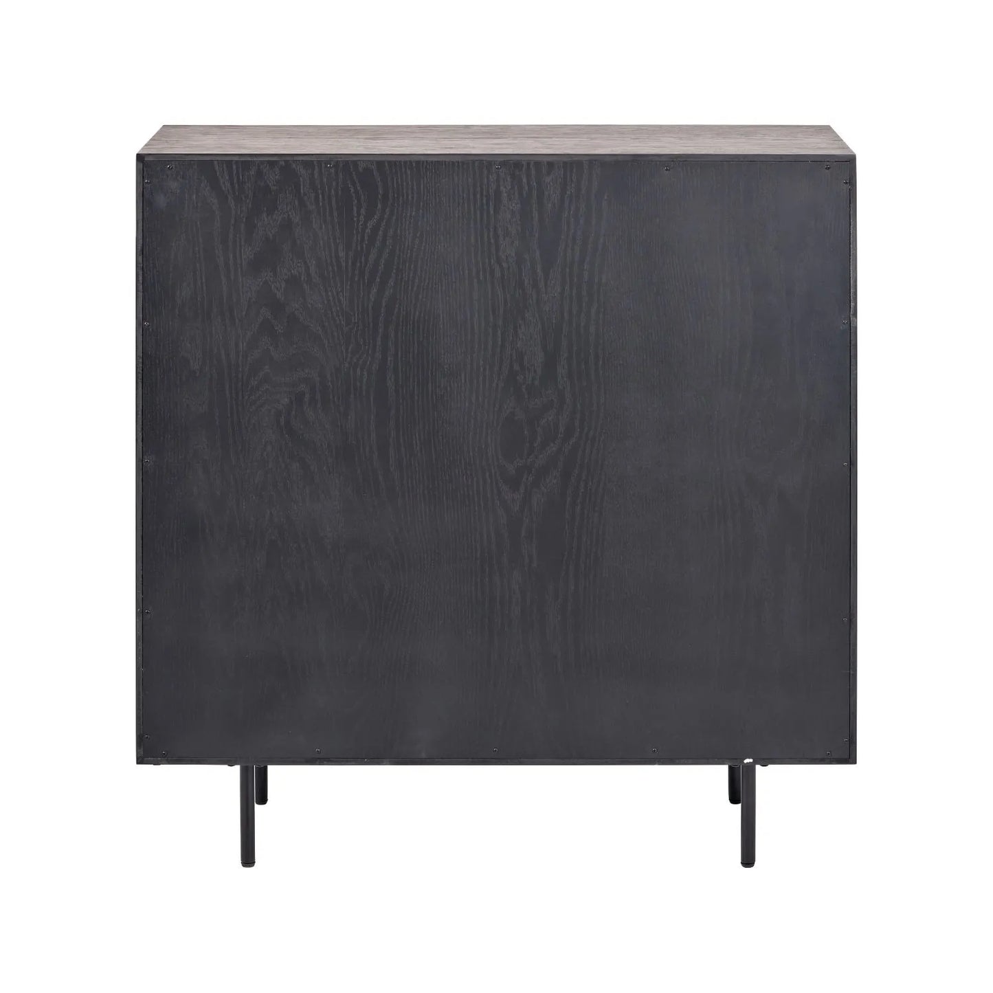 Scandinavian Two Tone Chevron Oak & Black Wood 2 Door Bar Cabinet with Herringbone Oak Veneer Doors & 3 Internal Shelves – Modern Wooden Drinks Storage Cabinet with Black Frame, Slim Metal Handles, Elevated Legs & Spacious Bottle and Glassware Storage for Living Rooms, Dining Rooms & Home Bars Back View 100x100x38cm | Click Style