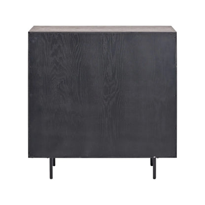 Scandinavian Two Tone Chevron Oak & Black Wood 2 Door Bar Cabinet with Herringbone Oak Veneer Doors & 3 Internal Shelves – Modern Wooden Drinks Storage Cabinet with Black Frame, Slim Metal Handles, Elevated Legs & Spacious Bottle and Glassware Storage for Living Rooms, Dining Rooms & Home Bars Back View 100x100x38cm | Click Style
